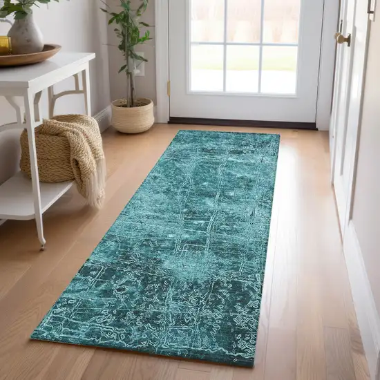 8' Runner Teal Abstract Washable Non Skid Indoor Outdoor Runner Rug Photo 9