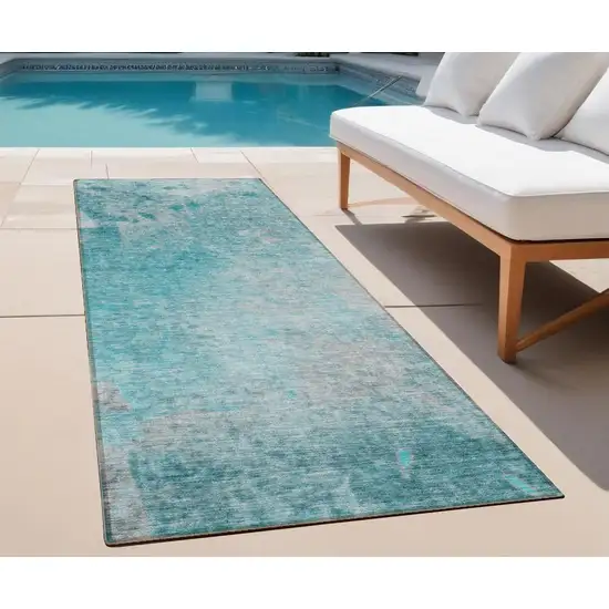 Teal Abstract Washable Non Skid Indoor Outdoor Runner Rug Photo 1