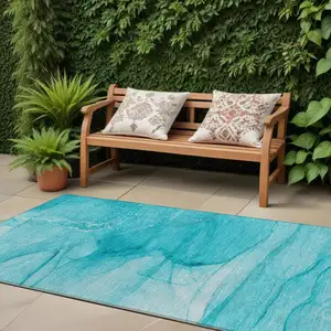 Photo of 8' Runner Teal Abstract Washable Non Skid Indoor Outdoor Runner Rug