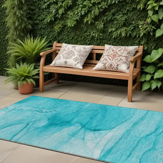 8' Runner Teal Abstract Washable Non Skid Indoor Outdoor Runner Rug Photo 1