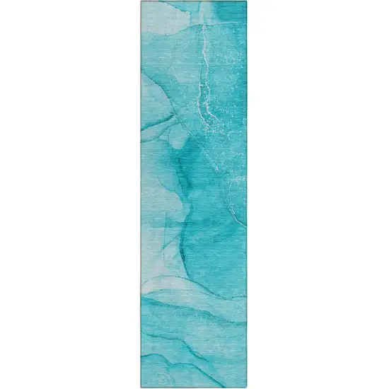 8' Runner Teal Abstract Washable Non Skid Indoor Outdoor Runner Rug Photo 2