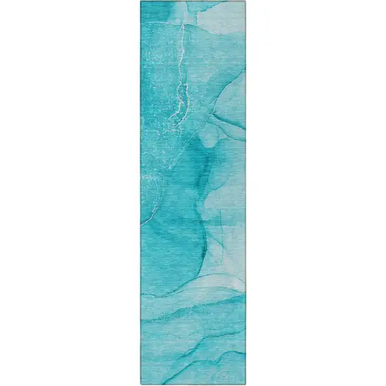 8' Runner Teal Abstract Washable Non Skid Indoor Outdoor Runner Rug Photo 5