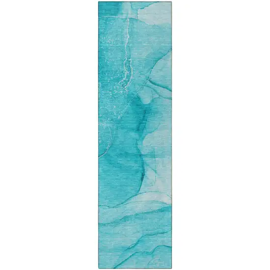 Teal Abstract Washable Non Skid Indoor Outdoor Runner Rug Photo 4