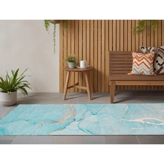 8' Runner Teal Abstract Washable Non Skid Indoor Outdoor Runner Rug Photo 1