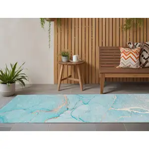 Photo of 8' Runner Teal Abstract Washable Non Skid Indoor Outdoor Runner Rug