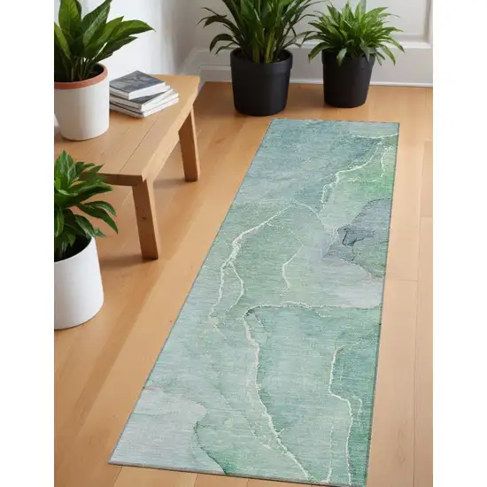 Teal Abstract Washable Non Skid Indoor Outdoor Runner Rug Photo 1