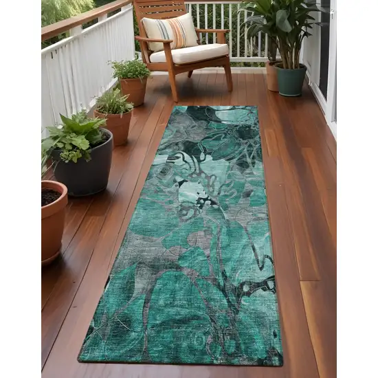 Teal Black and Gray Abstract Washable Indoor Outdoor Runner Rug Photo 1