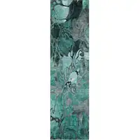 Photo of 8' Runner Teal Black and Gray Floral Washable Non Skid Indoor Outdoor Runner Rug