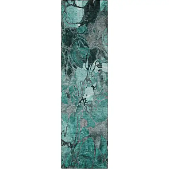 8' Runner Teal Black and Gray Floral Washable Non Skid Indoor Outdoor Runner Rug Photo 3