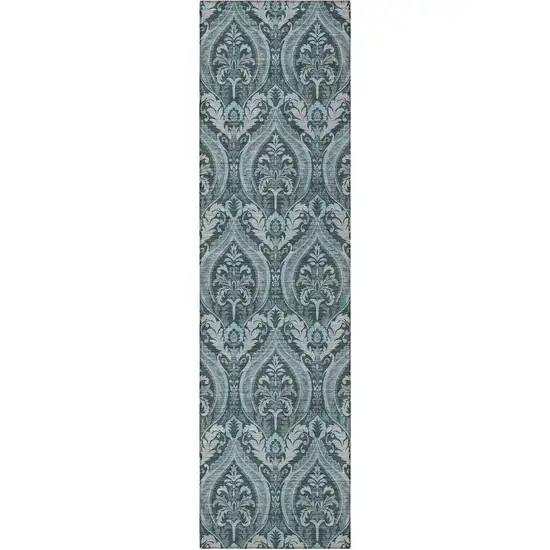 8' Runner Teal Damask Washable Non Skid Indoor Outdoor Runner Rug Photo 4