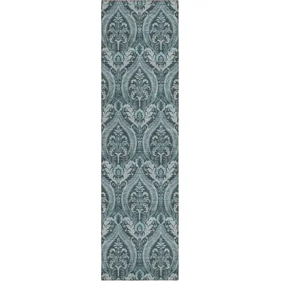 8' Runner Teal Damask Washable Non Skid Indoor Outdoor Runner Rug Photo 2