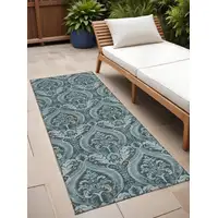 Photo of 8' Runner Teal Damask Washable Non Skid Indoor Outdoor Runner Rug