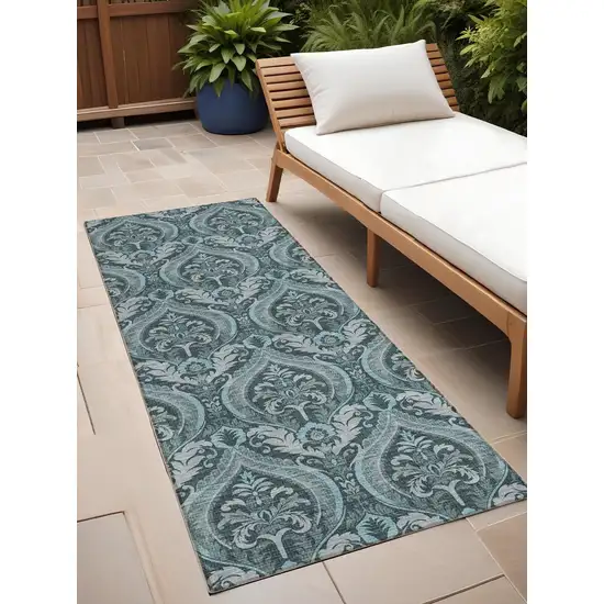 8' Runner Teal Damask Washable Non Skid Indoor Outdoor Runner Rug Photo 1