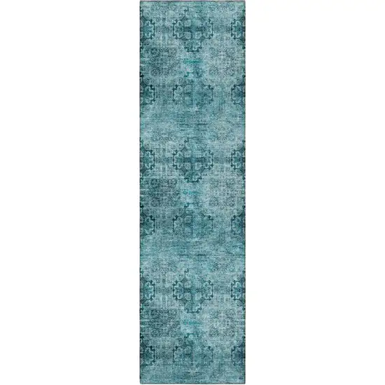 8' Runner Teal Floral Medallion Washable Non Skid Indoor Outdoor Runner Rug Photo 3