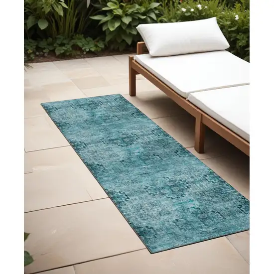 Teal Floral Medallion Washable Non Skid Indoor Outdoor Runner Rug Photo 1