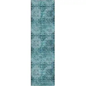 Photo of 8' Runner Teal Floral Medallion Washable Non Skid Indoor Outdoor Runner Rug