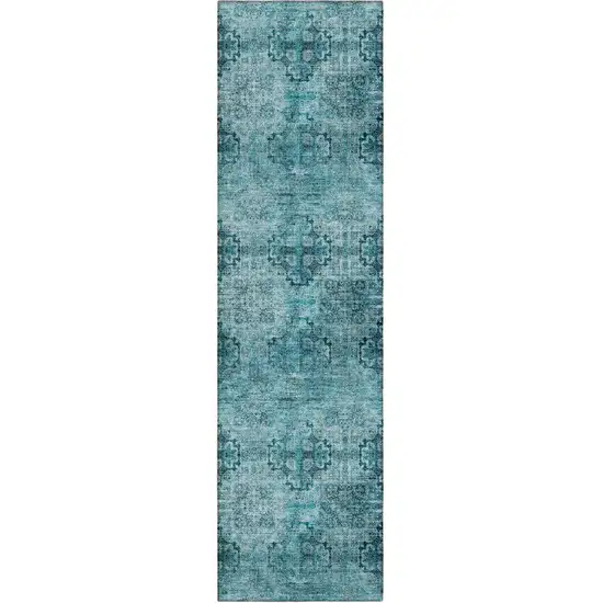 8' Runner Teal Floral Medallion Washable Non Skid Indoor Outdoor Runner Rug Photo 1