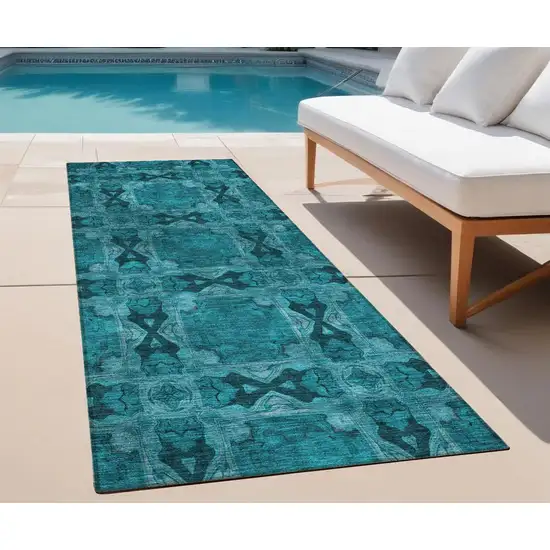 8' Runner Teal Floral Medallion Washable Non Skid Indoor Outdoor Runner Rug Photo 1