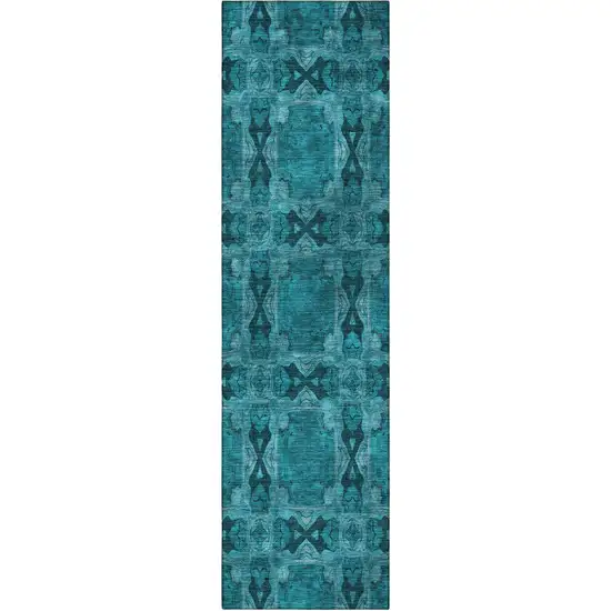 8' Runner Teal Floral Medallion Washable Non Skid Indoor Outdoor Runner Rug Photo 5