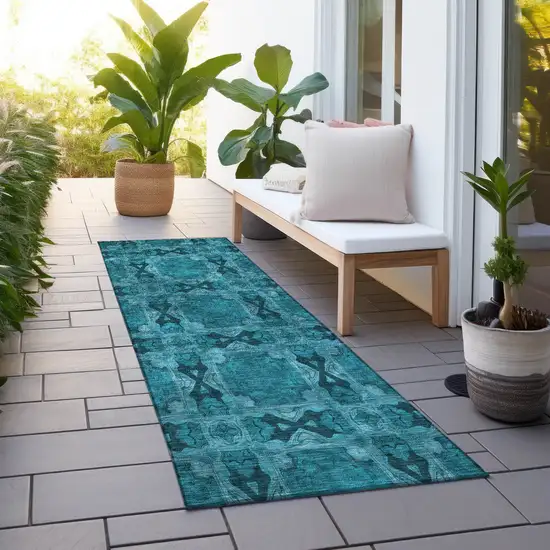 8' Runner Teal Floral Medallion Washable Non Skid Indoor Outdoor Runner Rug Photo 8