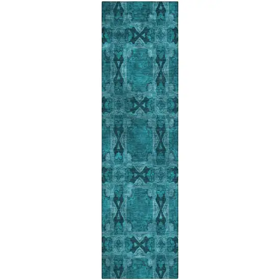 8' Runner Teal Floral Medallion Washable Non Skid Indoor Outdoor Runner Rug Photo 2