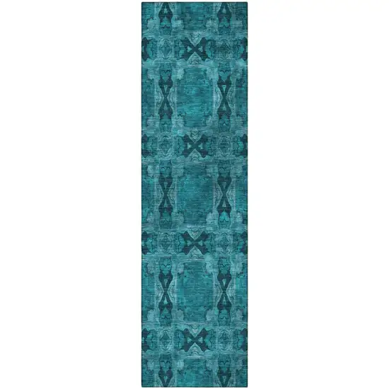 8' Runner Teal Floral Medallion Washable Non Skid Indoor Outdoor Runner Rug Photo 4