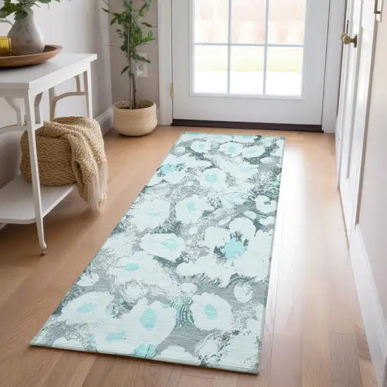 8' Runner Teal Floral Washable Non Skid Indoor Outdoor Runner Rug Photo 8