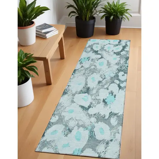 Teal Floral Washable Non Skid Indoor Outdoor Runner Rug Photo 1