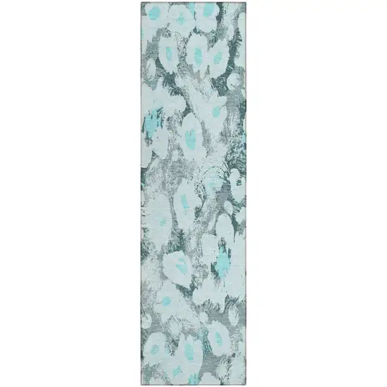 8' Runner Teal Floral Washable Non Skid Indoor Outdoor Runner Rug Photo 2