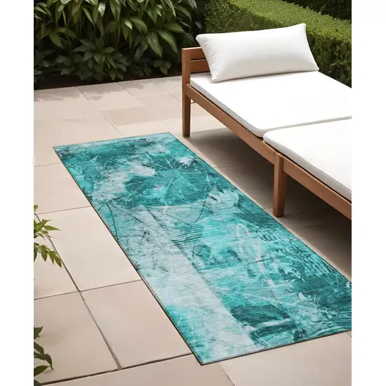 8' Runner Teal Floral Washable Non Skid Indoor Outdoor Runner Rug Photo 1