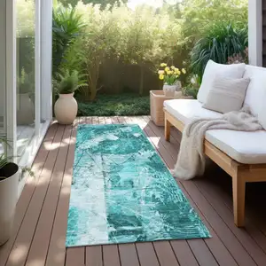 Photo of 8' Runner Teal Floral Washable Non Skid Indoor Outdoor Runner Rug