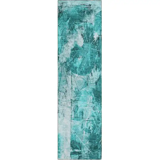 8' Runner Teal Floral Washable Non Skid Indoor Outdoor Runner Rug Photo 2