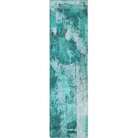 Photo of 8' Runner Teal Floral Washable Non Skid Indoor Outdoor Runner Rug