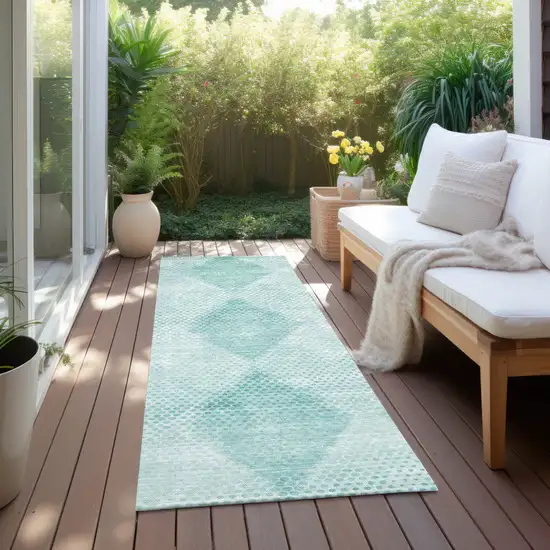 Teal Geometric Washable Non Skid Indoor Outdoor Runner Rug Photo 8