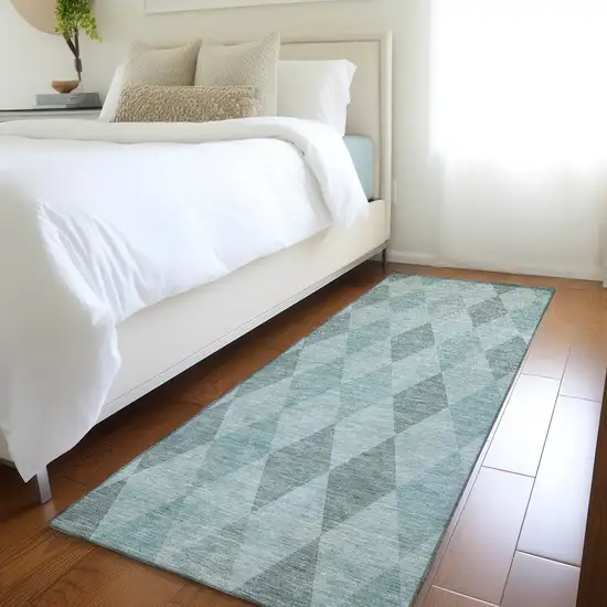 8' Runner Teal Geometric Washable Non Skid Indoor Outdoor Runner Rug Photo 9