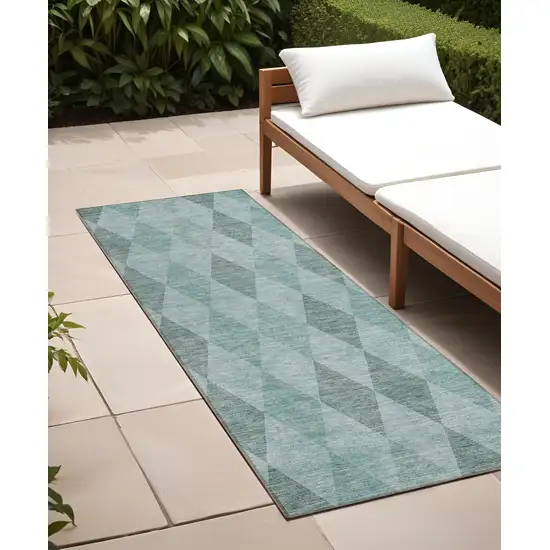 Teal Geometric Washable Non Skid Indoor Outdoor Runner Rug Photo 1