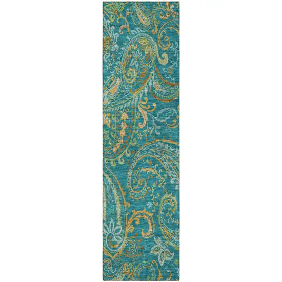 Teal Paisley Washable Non Skid Indoor Outdoor Runner Rug Photo 5