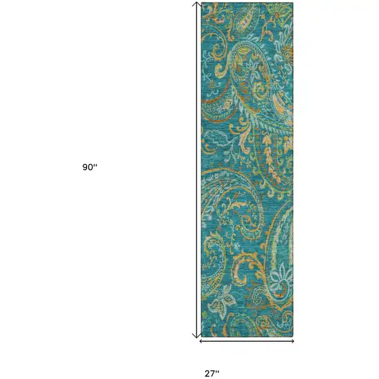 Teal Paisley Washable Non Skid Indoor Outdoor Runner Rug Photo 3