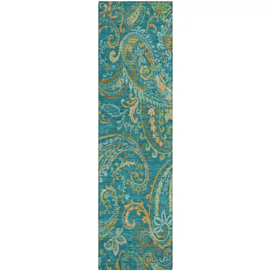 Teal Paisley Washable Non Skid Indoor Outdoor Runner Rug Photo 2