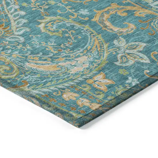 8' Runner Teal Paisley Washable Non Skid Indoor Outdoor Runner Rug Photo 7