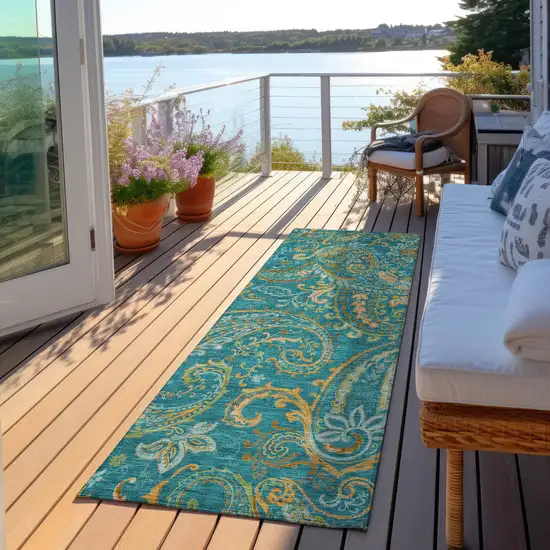 Teal Paisley Washable Non Skid Indoor Outdoor Runner Rug Photo 9