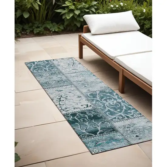 Teal Patchwork Washable Non Skid Indoor Outdoor Runner Rug Photo 1