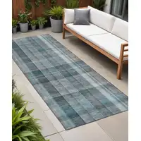 Photo of 8' Runner Teal Plaid Washable Non Skid Indoor Outdoor Runner Rug