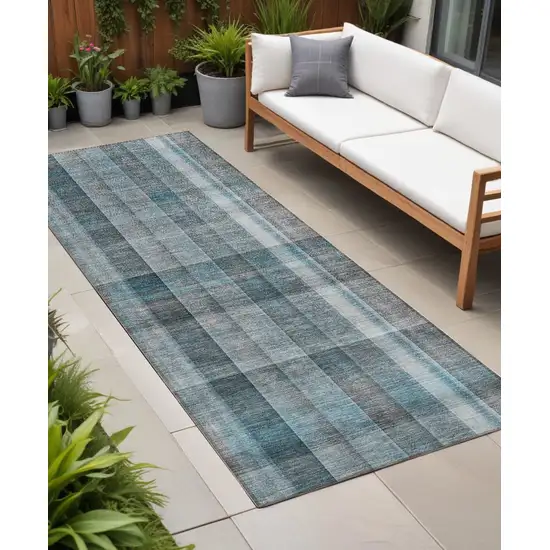 8' Runner Teal Plaid Washable Non Skid Indoor Outdoor Runner Rug Photo 1