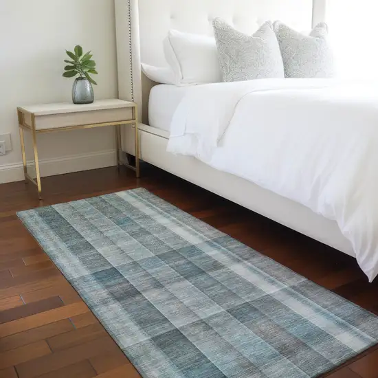 Teal Plaid Washable Non Skid Indoor Outdoor Runner Rug Photo 9