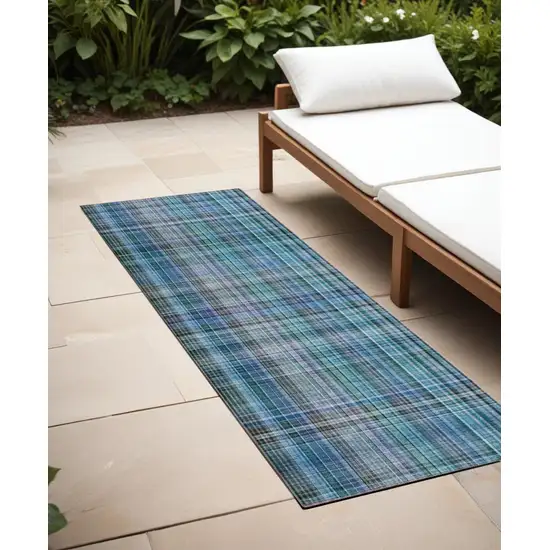 Blue Teal and Gray Plaid Washable Non Skid Indoor Outdoor Area Rug Photo 1