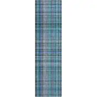 Photo of 8' Runner Teal Plaid Washable Non Skid Indoor Outdoor Runner Rug