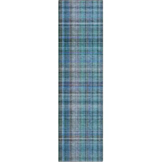 8' Runner Teal Plaid Washable Non Skid Indoor Outdoor Runner Rug Photo 1