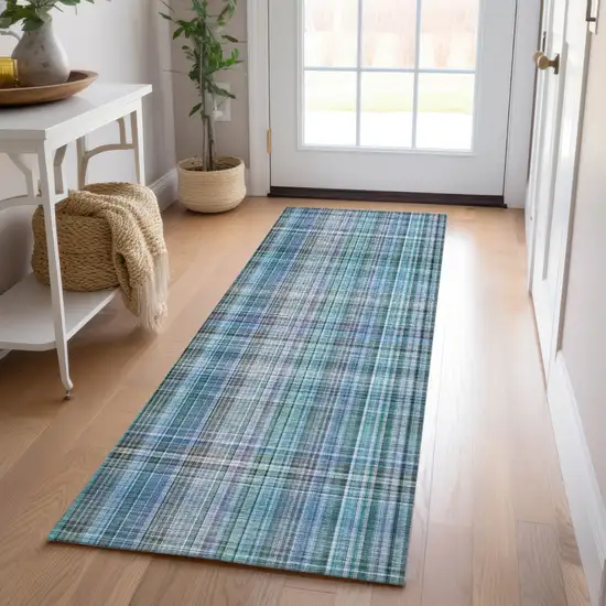 Blue Teal and Gray Plaid Washable Non Skid Indoor Outdoor Area Rug Photo 7