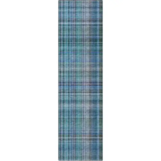 8' Runner Teal Plaid Washable Non Skid Indoor Outdoor Runner Rug Photo 2